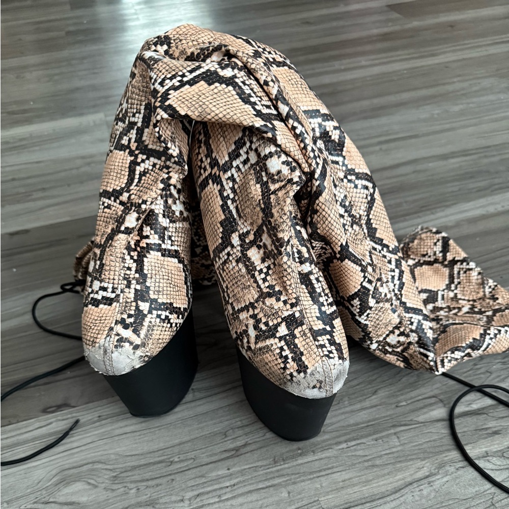 Pleaser Snakeskin Heeled Boots - Black and Tan